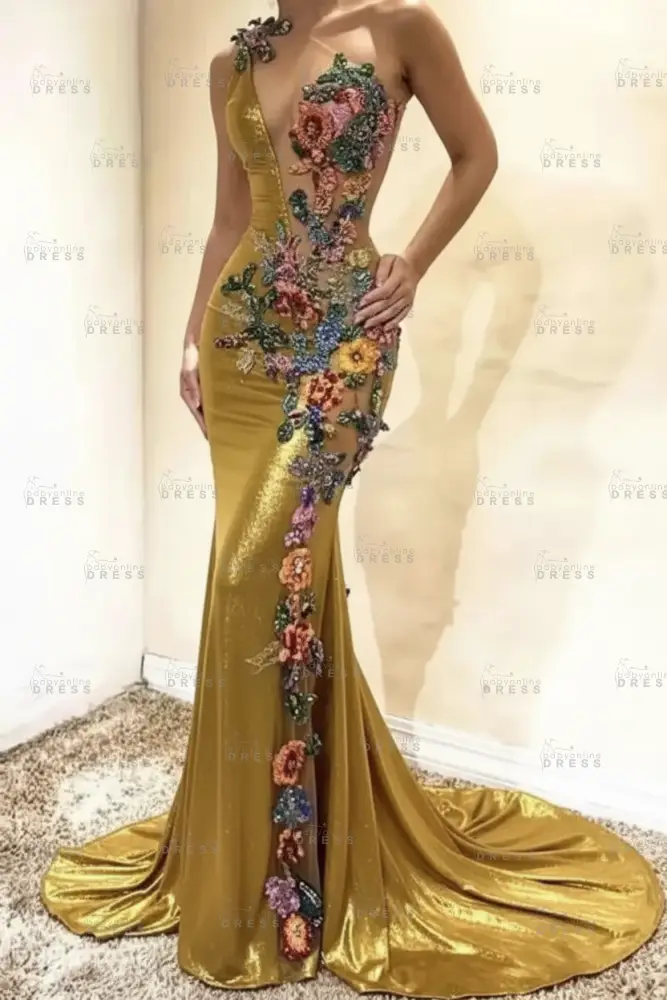 Amazing One-Shoulder Floral Pattern Beadings Floor-Length Mermaid Prom Dress 