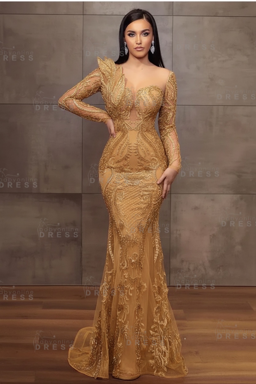 Stunning Burgundy Beadings Long Sleeves Mermaid Prom Dress