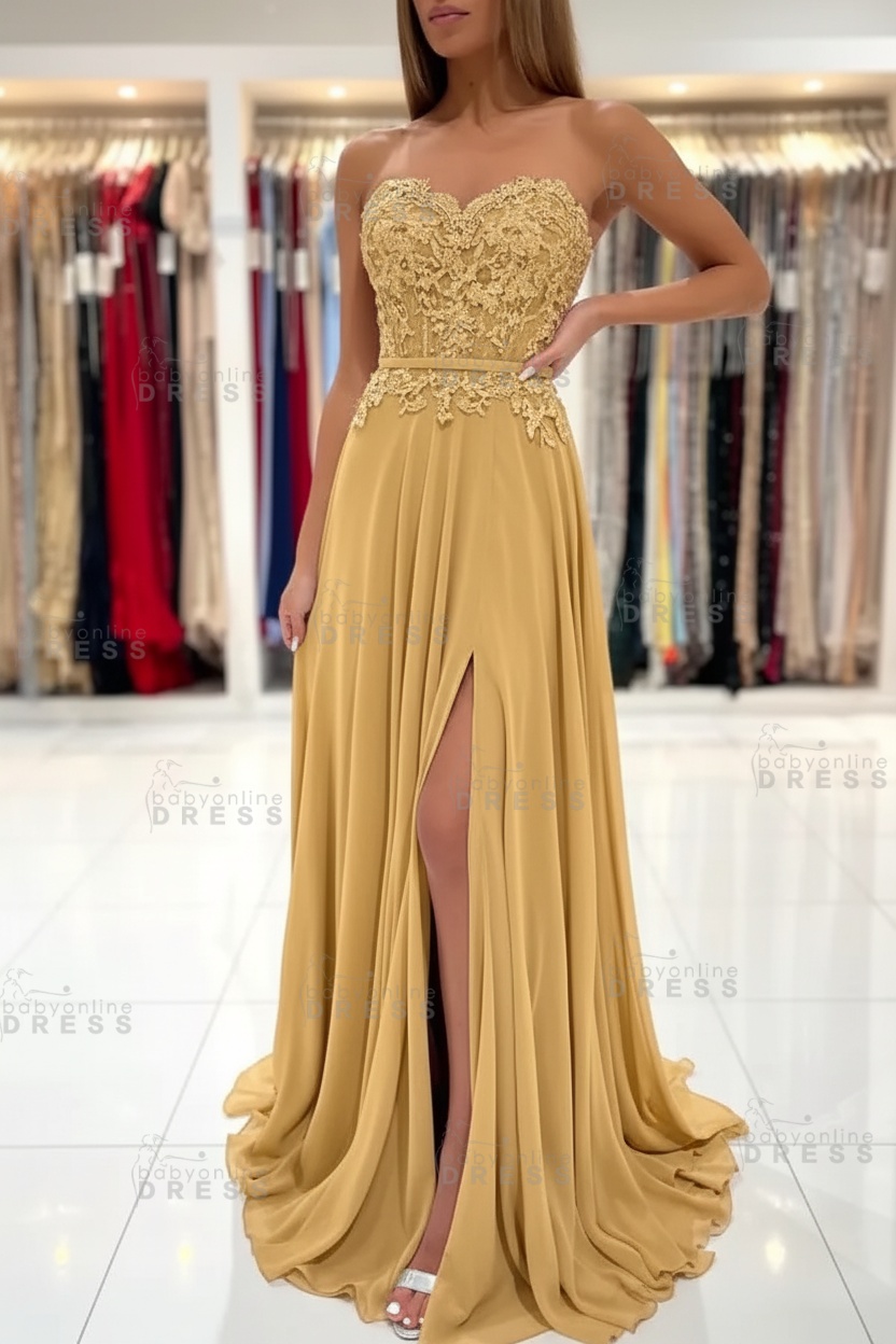 Sweetheart Strapless A-Line Chiffon Floor Length High Split Prom Dress