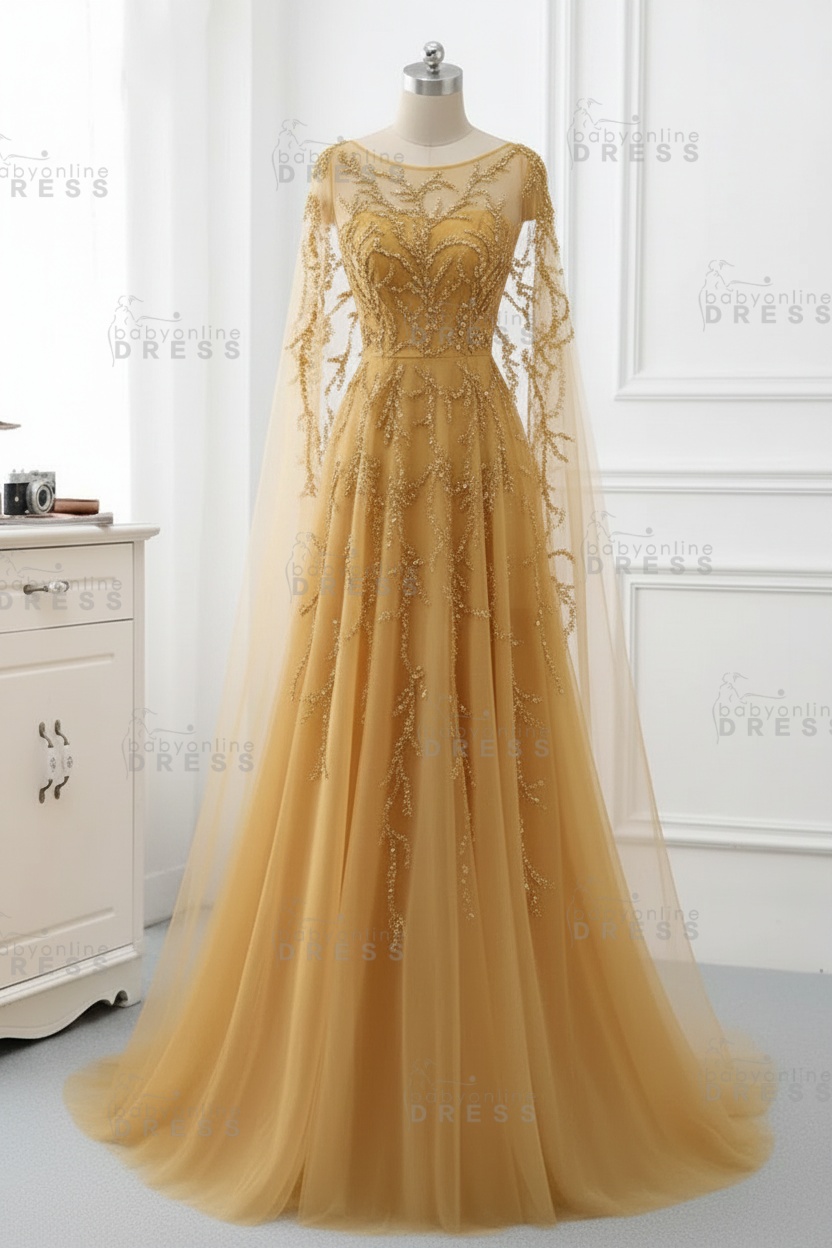 Elegant Jewel Long Sleeves Ruffle Prom Dresses with Beadings Online