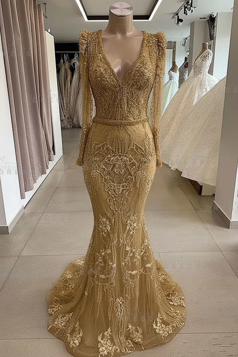 Gorgeous Mermaid Lace Beading V Neck Long Sleeves Prom Dresses | Evening Gowns With Beading Waistband