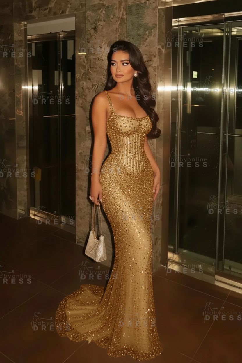 Glitter Spaghetti Straps Sequins Mermaid Prom Dress Floor Length