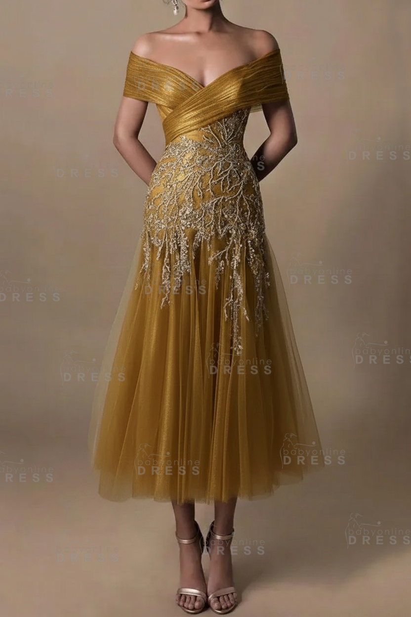 Champagne V-Neck A-Line Tea Length Prom Dress Tulle Mother of the Bride Dress