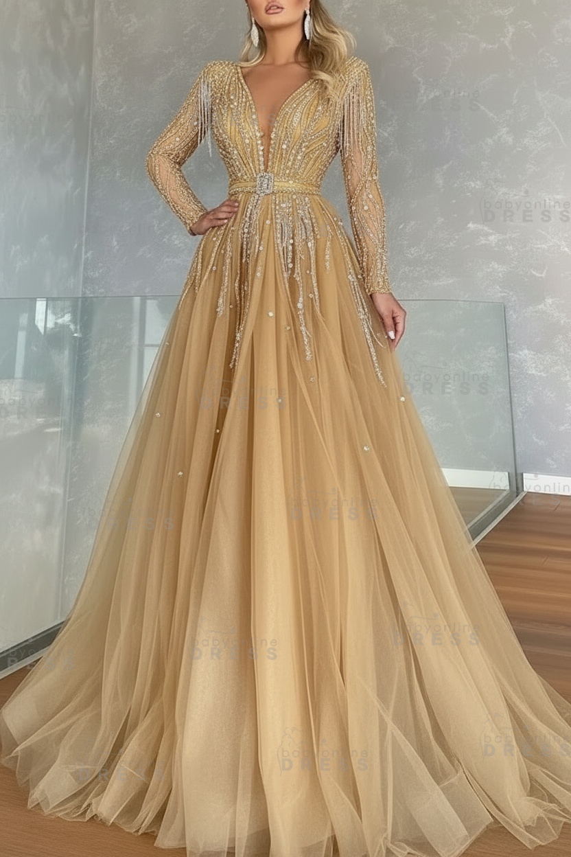 Long Sleeves V-neck Ball Gown A-line Prom Dress with Beadings