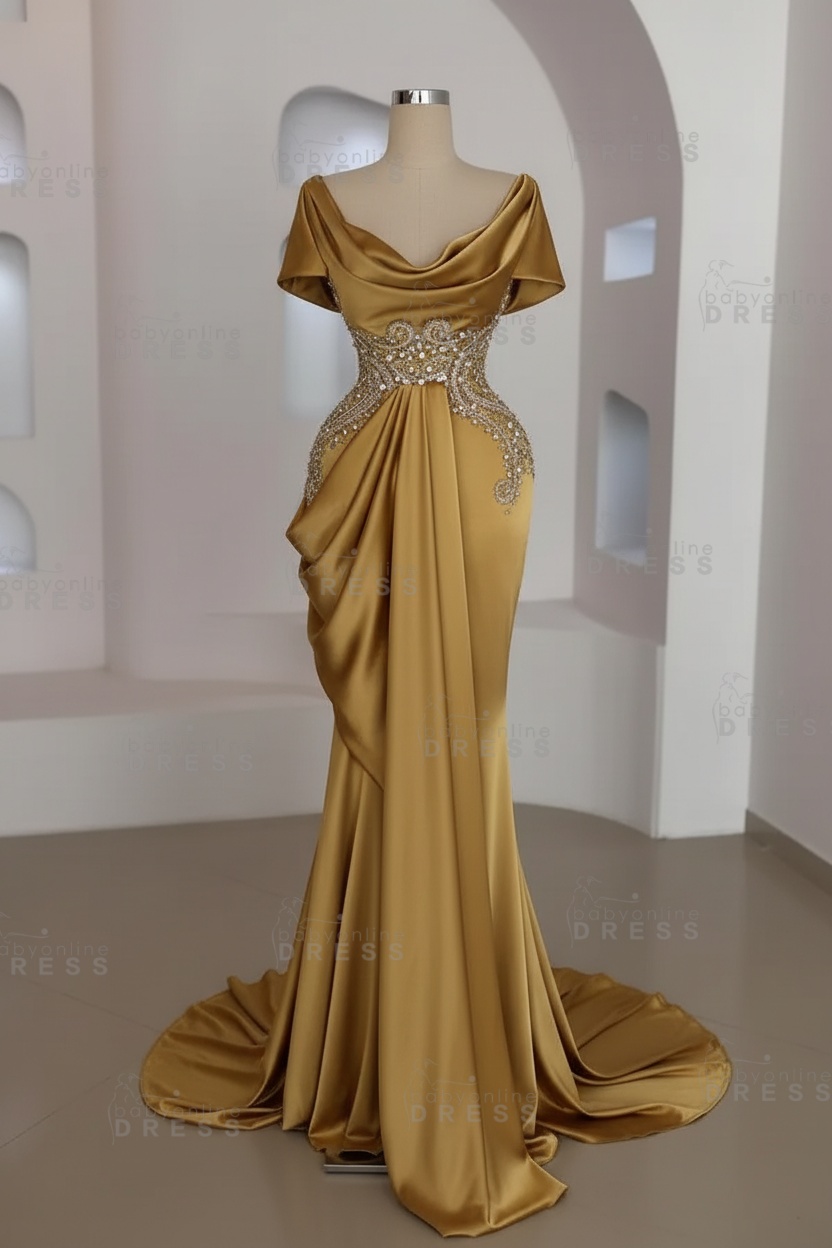 Short sleeves Mermaid Round neck Gray Prom Dresses