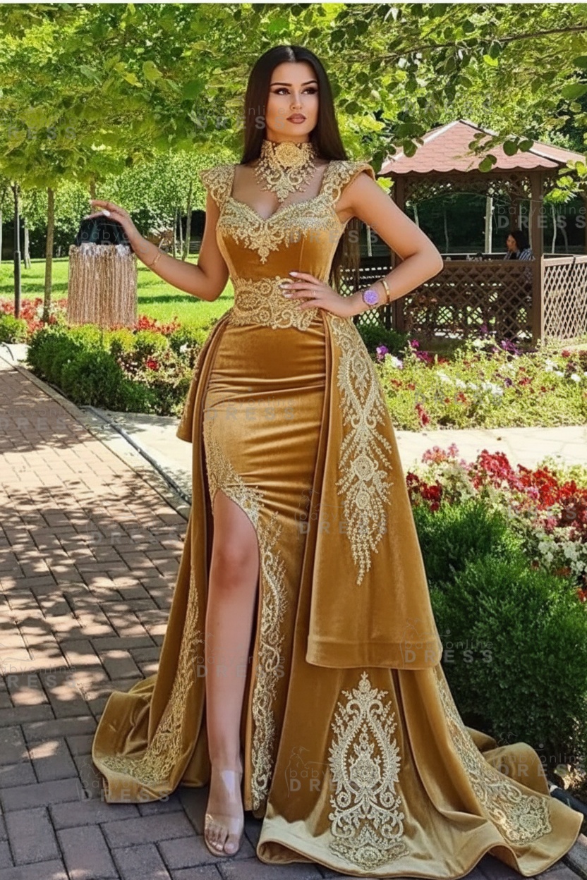 Dark Green Velvet Mermaid Evening Dress with Gold Lace appliques