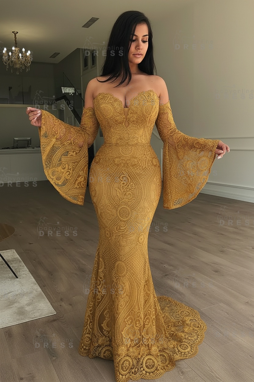 Off-the-Shoulder Long Sleeves Lace Floor-Length Mermaid Evening Dress