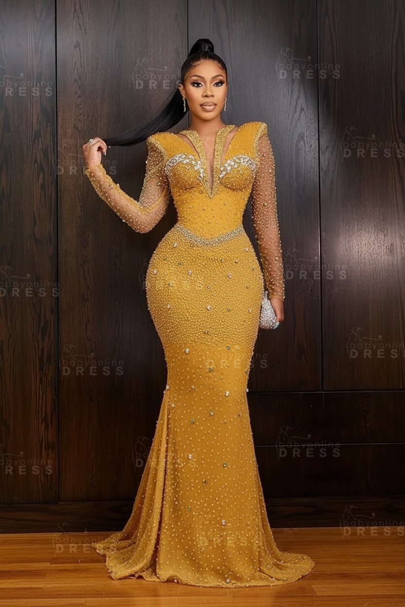 Green V-Neck Beadings Long Sleeves Floor-Length Mermaid Prom Dress