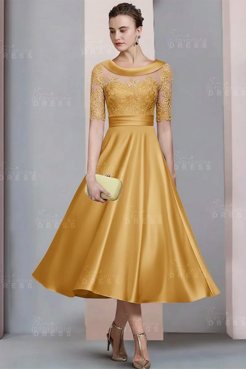 Elegant Ivory Jewel Lace Beading A-Line Tea Length Satin Wedding Guest Dress Formal Mother Dress