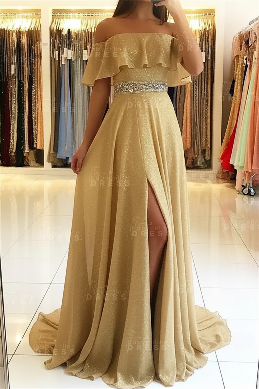 Sky Blue Off The Shoulder Evening Dresses Sexy | Chiffon Side Slit Prom Dress with Crystals Belt
