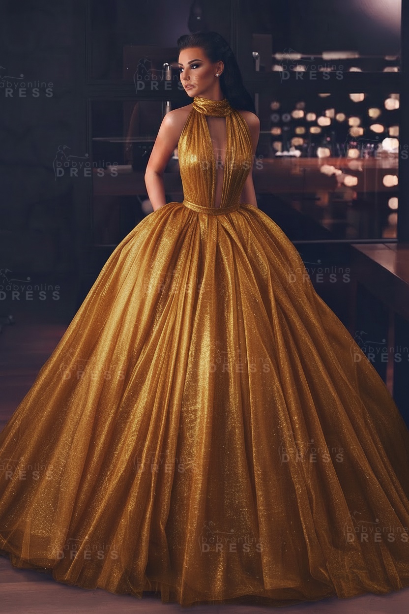 Sexy High-Neck Sleeveless Ball Gown Evening Dress with Pockets