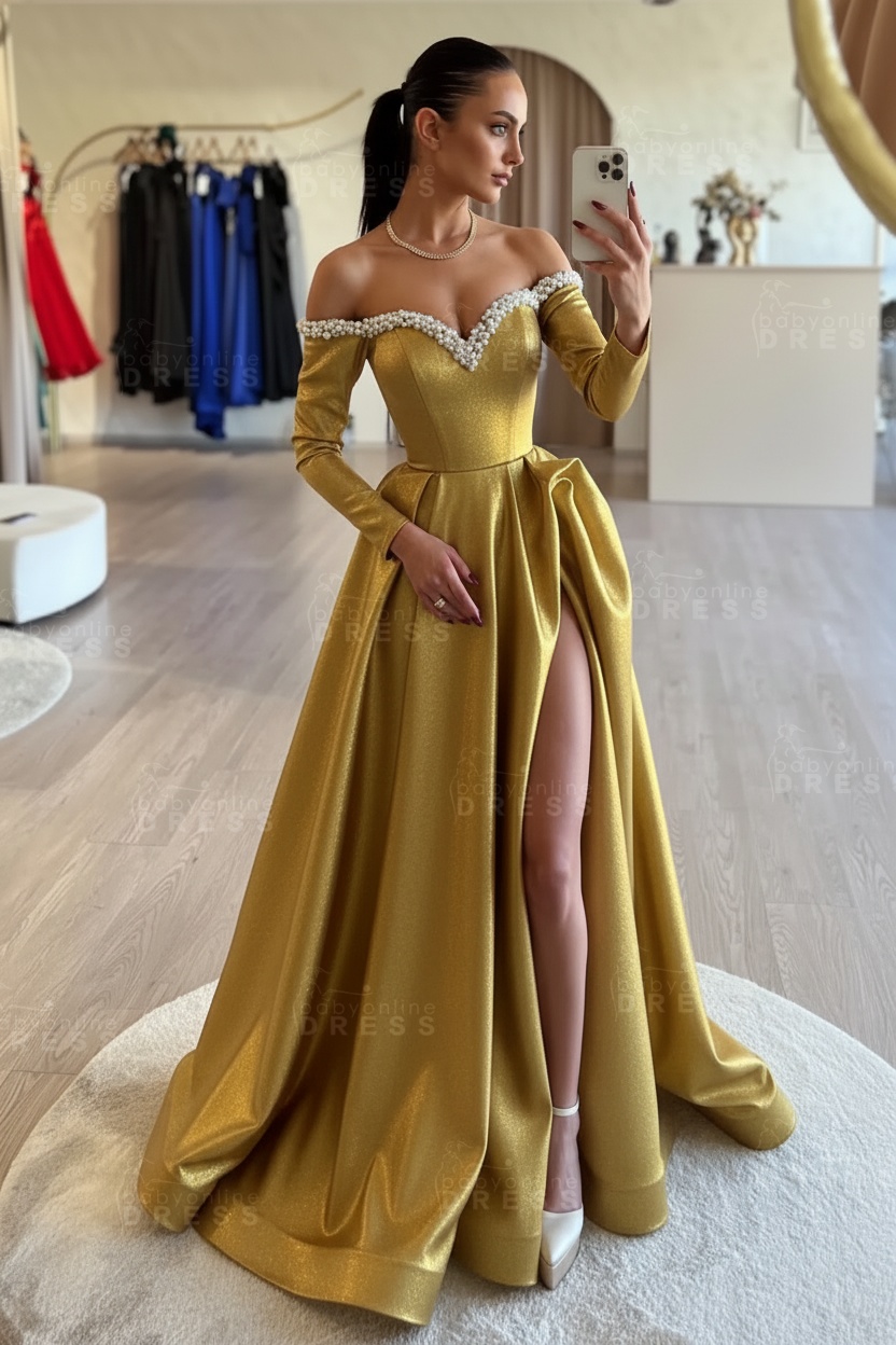 Long sleeves Pearls A-line Princess Front Split Black Prom Dresses