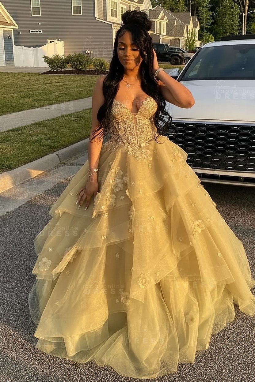 Sleeveless V-Neck Tulle Aline Prom Dress Floral Tiered Ruffles Corset Evening Dress