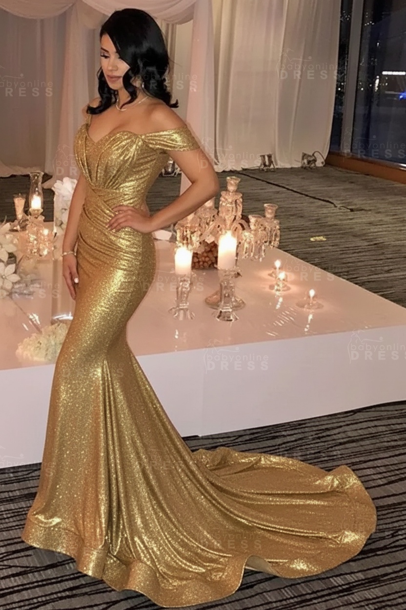 Off The Shoulder Champagne Gold Sexy Prom Dresses Mermaid Lates Popular Evening Gown