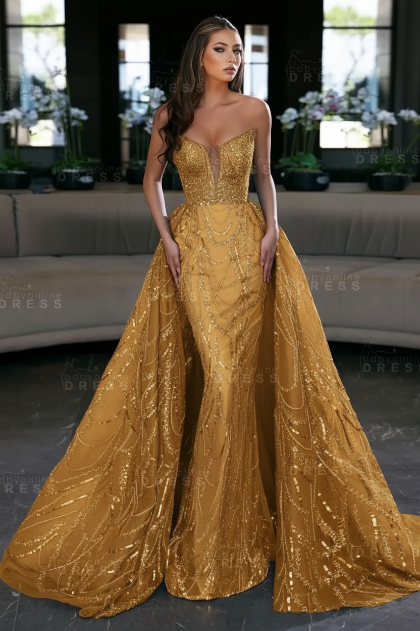 Blue Sequin Mermaid Sweetheart Prom Dresses with Overskirt