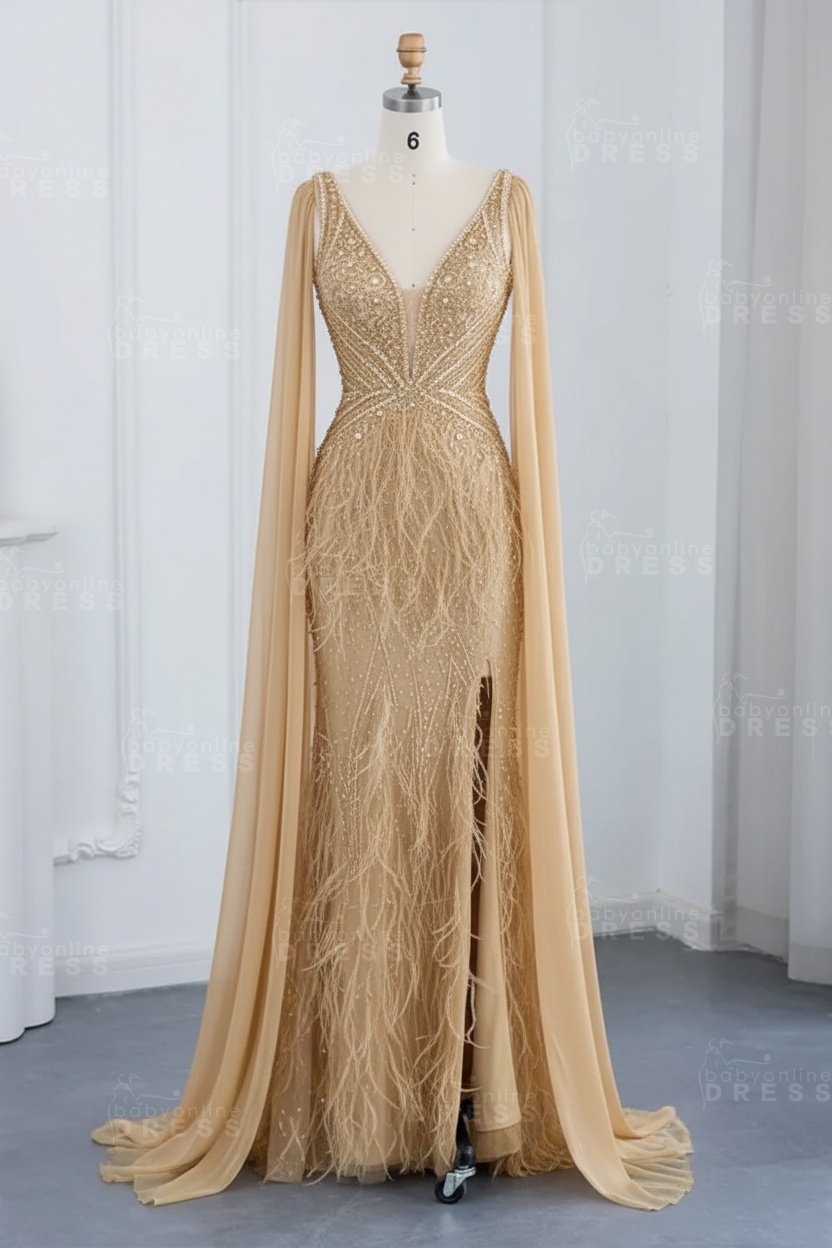 Glamorous V-Neck Fur Beadings Front Slit Mermaid Evening Gowns with Tulle with Cape Sleeves Wedding Party Dress