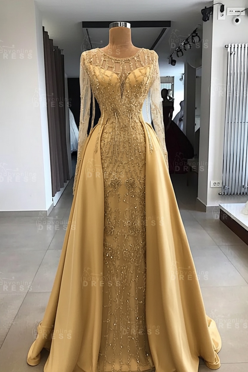 Shining Beaded Long Sleeves Round Neck Prom Dresses With Over Skirt | A Line Evening Gowns