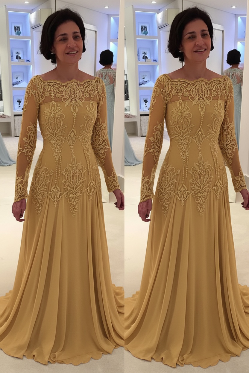 Elegant Floor-Length Lace Long-Sleeves A-line Mother of the Bride Dress 