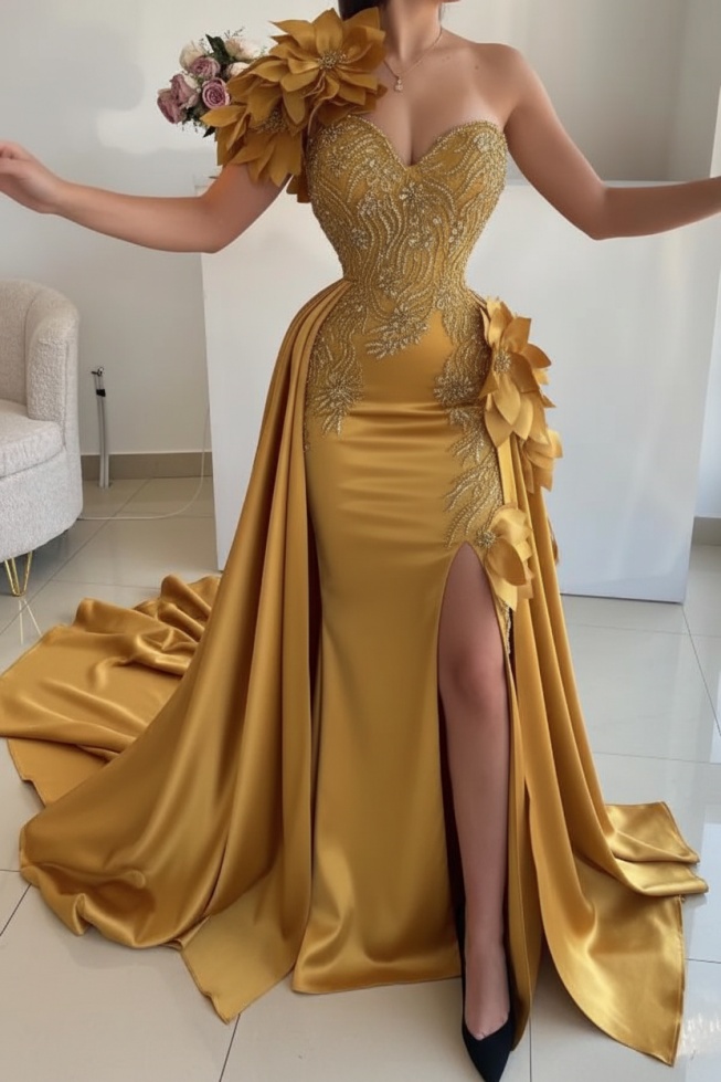Flowers One shoulder Mermaid Long Prom Dresses with High Split