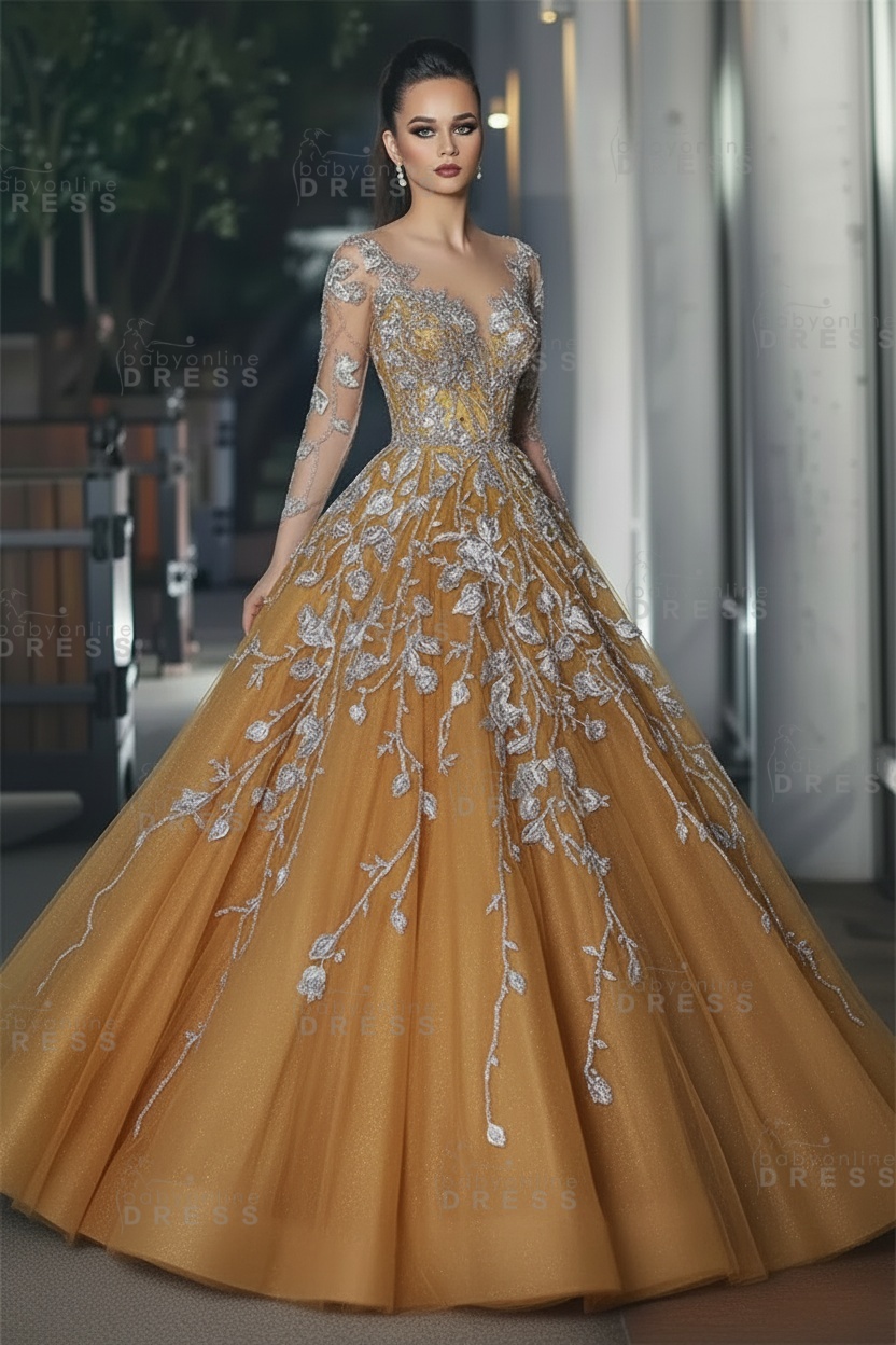 Stunning Illusion Long Sleeve Sexy Evening Gowns | A-line Lace Appliques Tulle Prom Dress