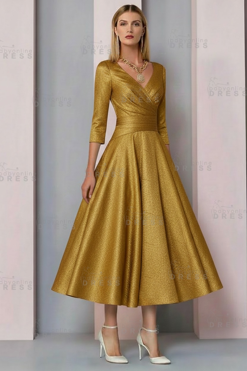 Half Sleeves White Ankle Length Mother of the Bride Dress V-Neck Satin Wedding Guest Dress