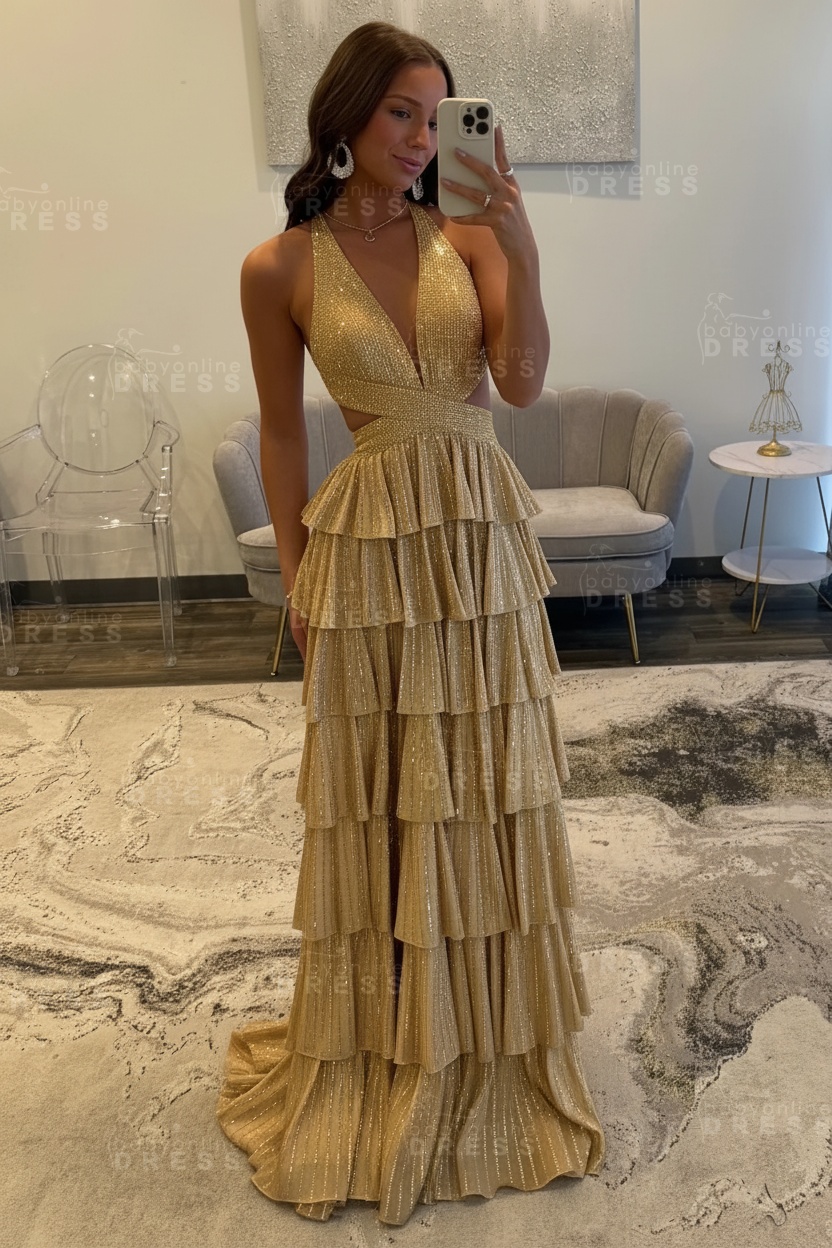 Halter Aline Prom Dress Sequined V-Neck High Split Evening Dress Long
