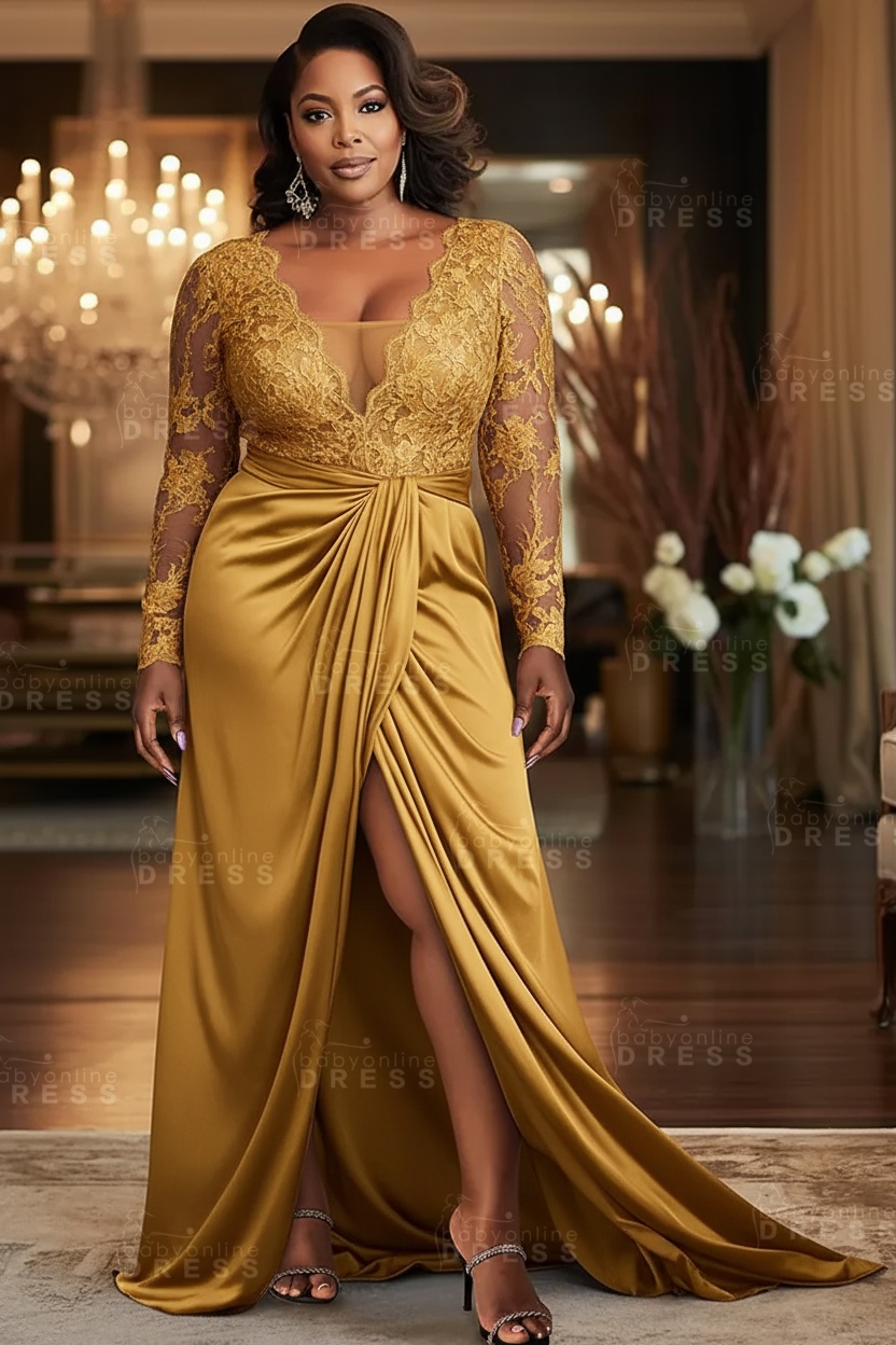 V-neck Appliques Lace Long Sleeve A-Line Prom Dresses with Slit