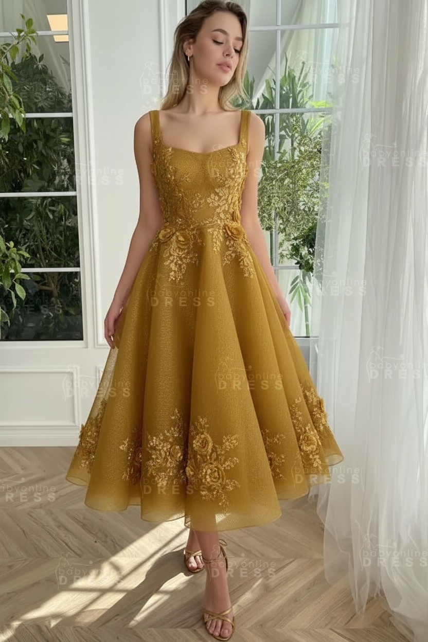 Burgundy Ankle length square neck Homecoming Dress Tulle Aline Formal Dress