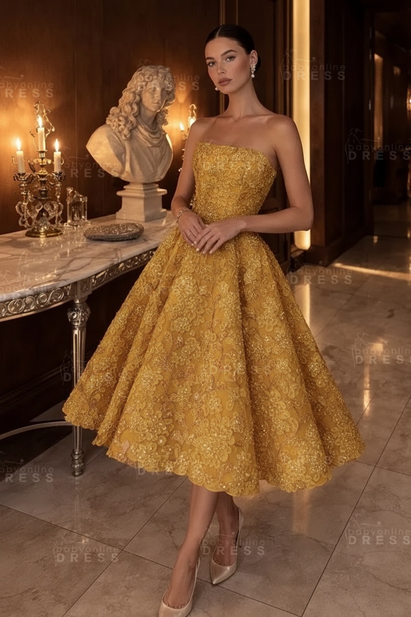 Strapless Yellow Floral A-Line Tea Length Prom Dress with Beadings
