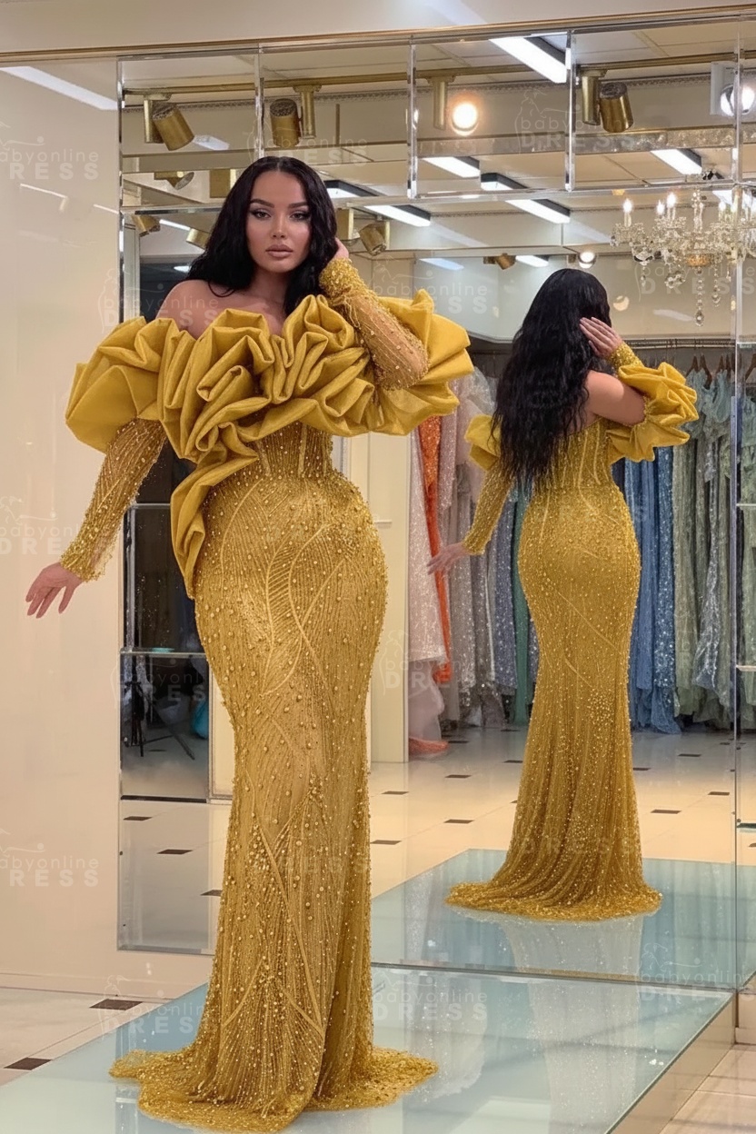 Bubble Sleeves Long Mermaid Prom Dress with Sequins and Beadings