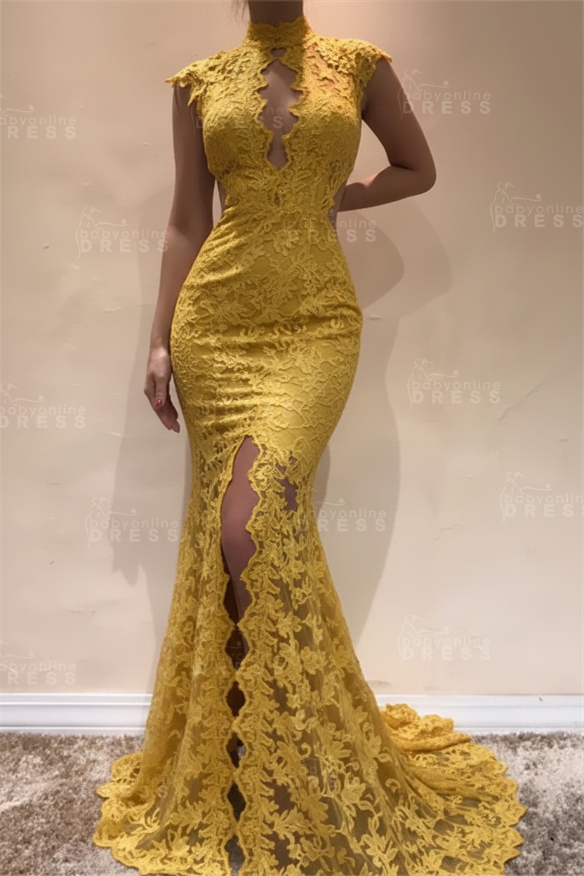 Sleeveless Front Split Evening Dresses | Black High Neck Lace Sexy Prom Dresses