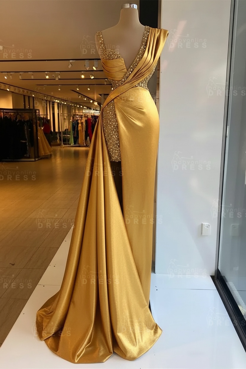 Luxury Satin Prom Dress Sleeveless with Sequins Sleeveless Evening Gown
