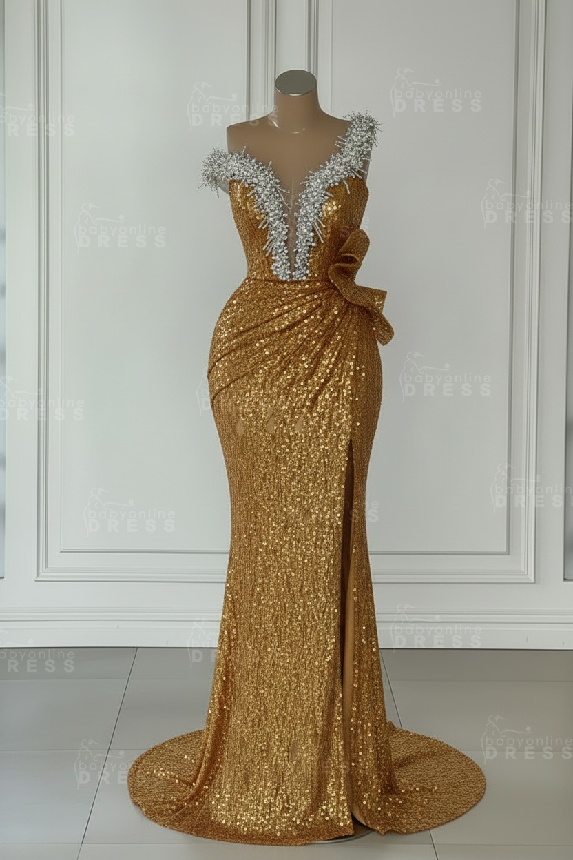 One Shoulder Sequins Sleeveless Long Mermaid Prom Dress