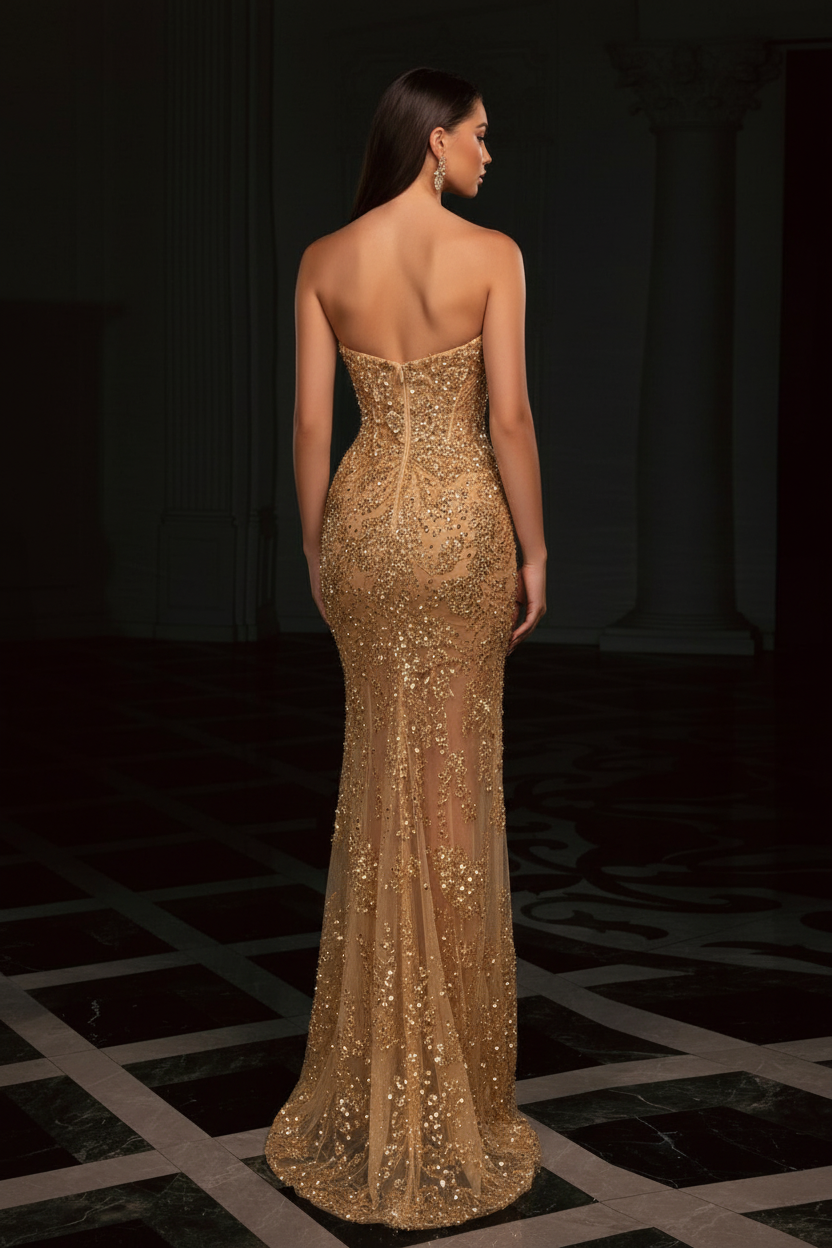 Gold Strapless Sequins Beading Split Front Column Prom Dresses