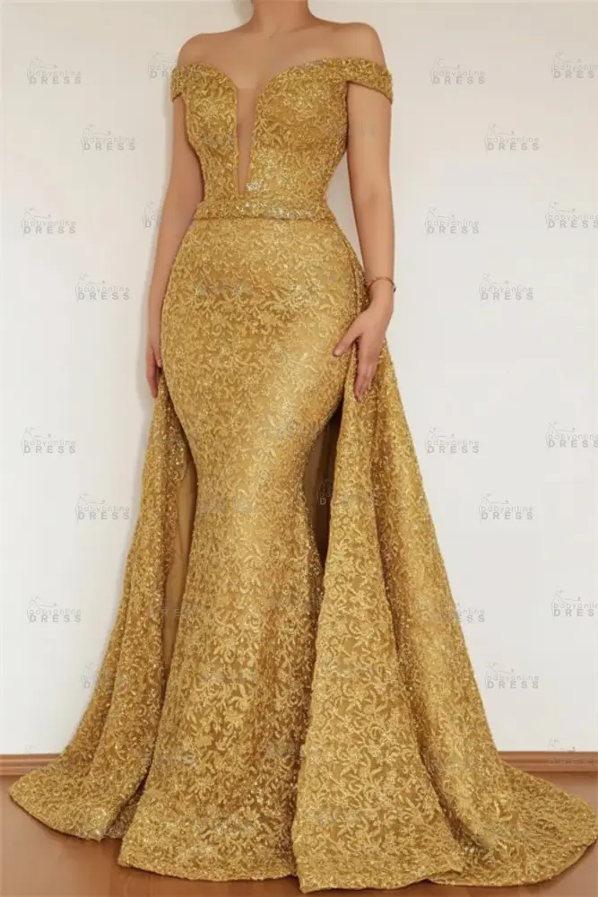 Burgundy Glamorous Mermaid Off The Shoulder Lace Appliques Prom Dress With Detachable Skirt