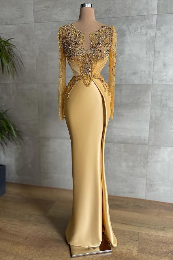 Gold Long sleeves Satin Mermaid V-neck Prom Dresses