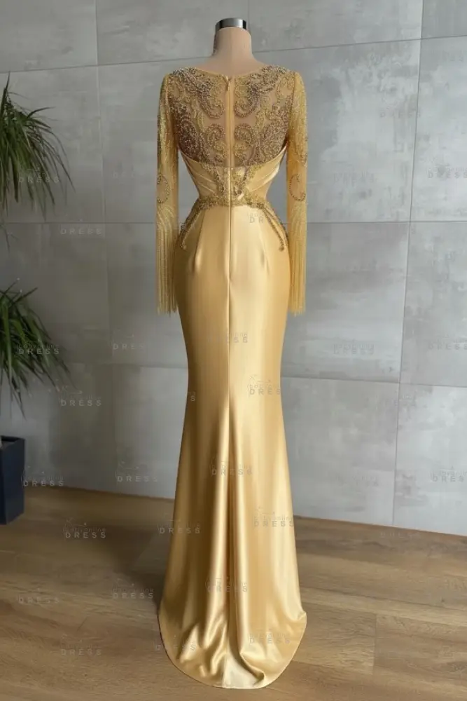 Gold Long sleeves Satin Mermaid V-neck Prom Dresses