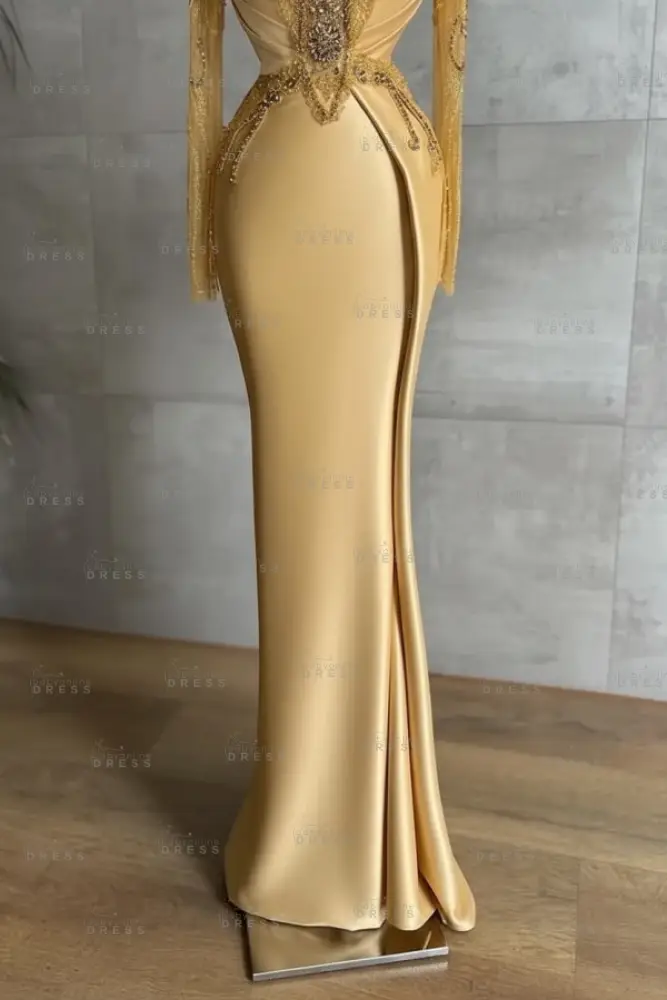 Gold Long sleeves Satin Mermaid V-neck Prom Dresses