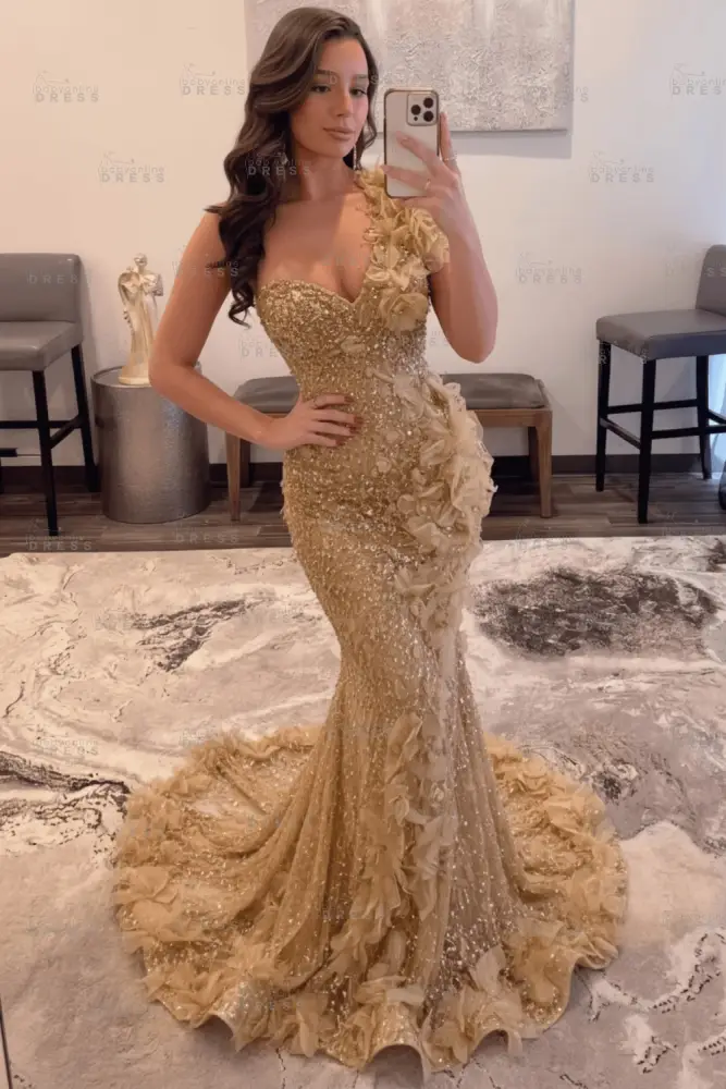 Luxury One Shoulder Sequins Mermaid Prom Dress with Beadings Evening Gown Appliques