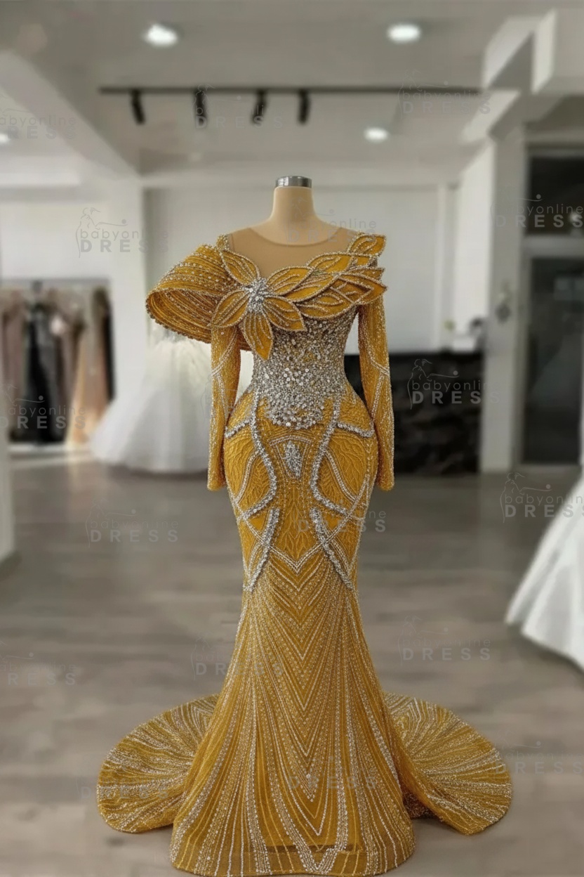 Luxury Crystals Long Sleeves Floor-Length Mermaid Prom Dress with Flowers 