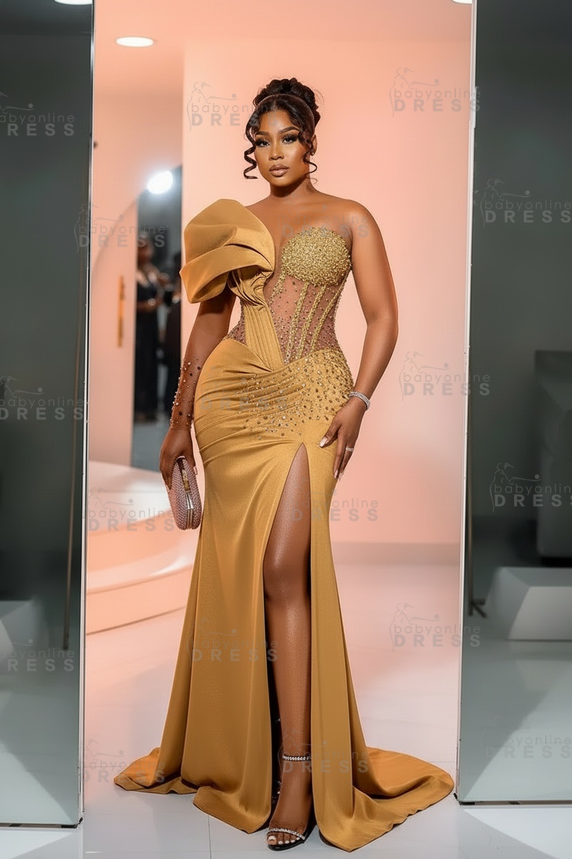 One-Shoulder Long Sleeves Corset Beadings Mermaid Prom Dress with High Split
