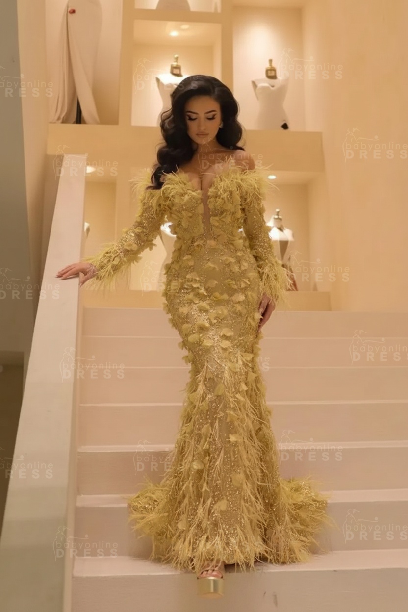 V-neck Long Sleeves Mermaid Evening Dresses Floor Length with Flowers