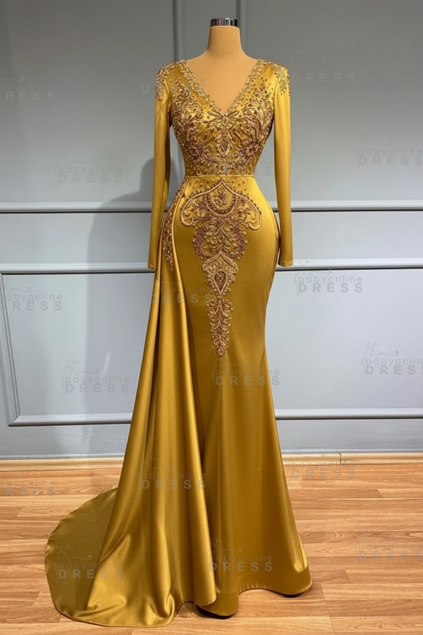 Glamorous V-Neck Long Sleeves Mermaid Prom Dress with Crystals