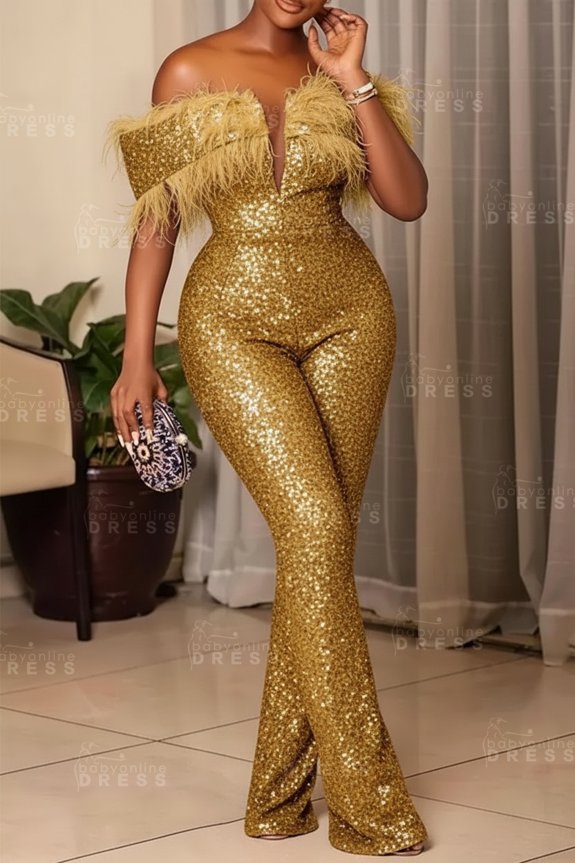 Plus Size Off Shoulder Sequin Women Jumpsuit Black Long Party Jumpsuits