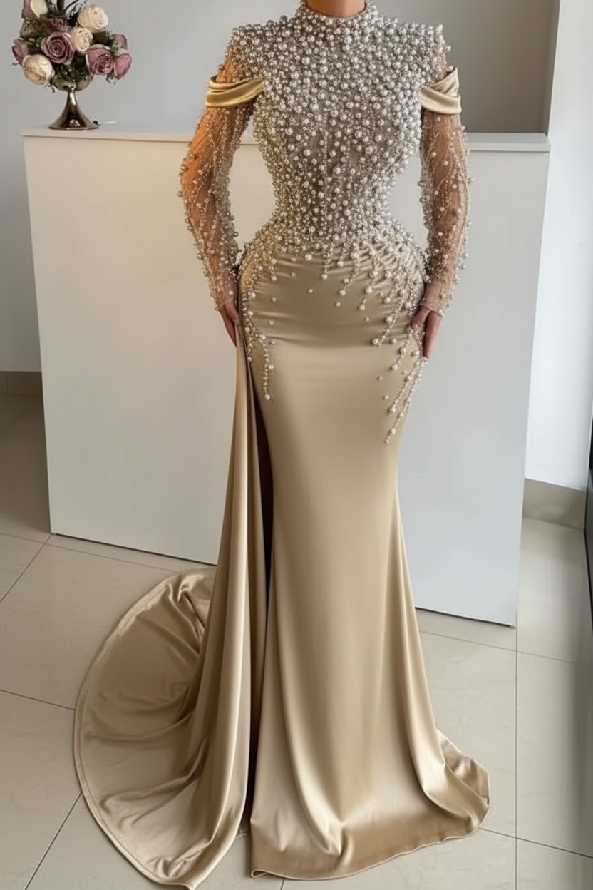 Unique High Neck Beading Long Sleeve Mermaid Prom Dresses