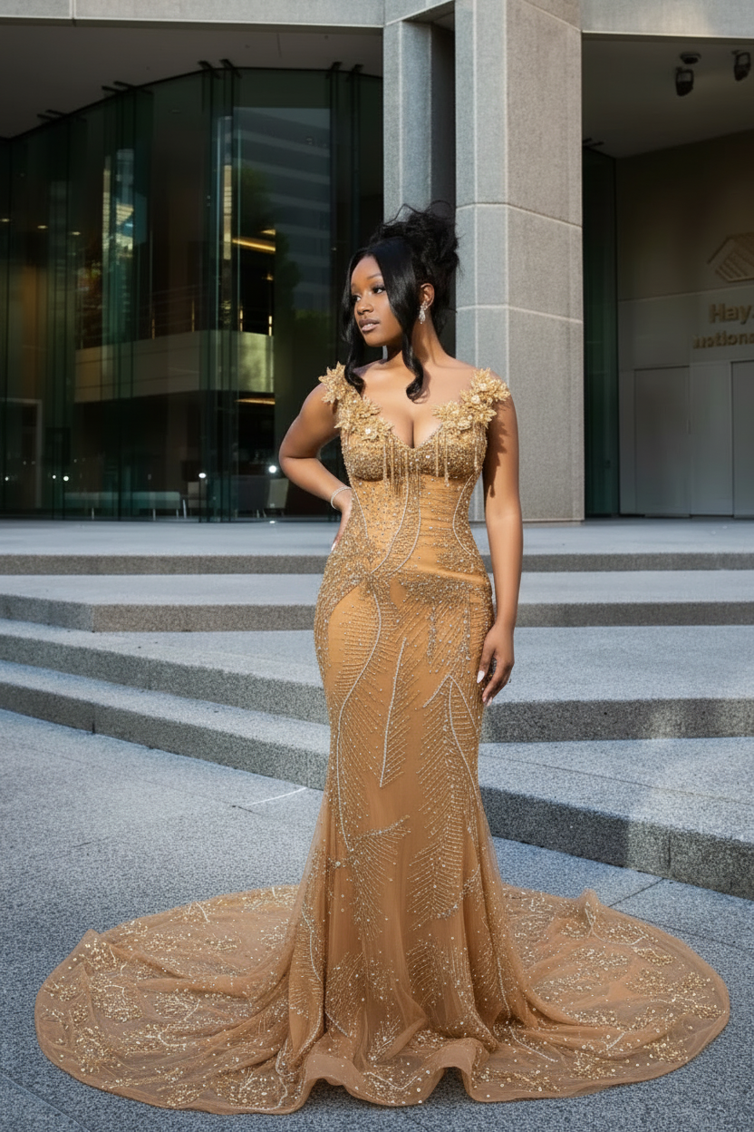 Sparkly Beadings Brown Mermaid Prom Dress Sleeveless with Tassels