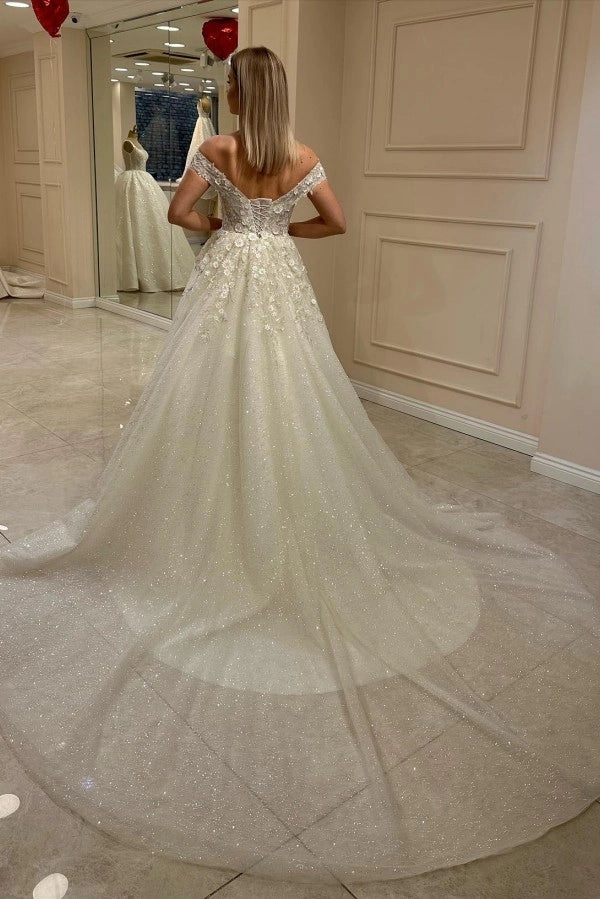 Elegant Off Shoulder Tulle Aline Wedding Dress Sequined Bridal Gown