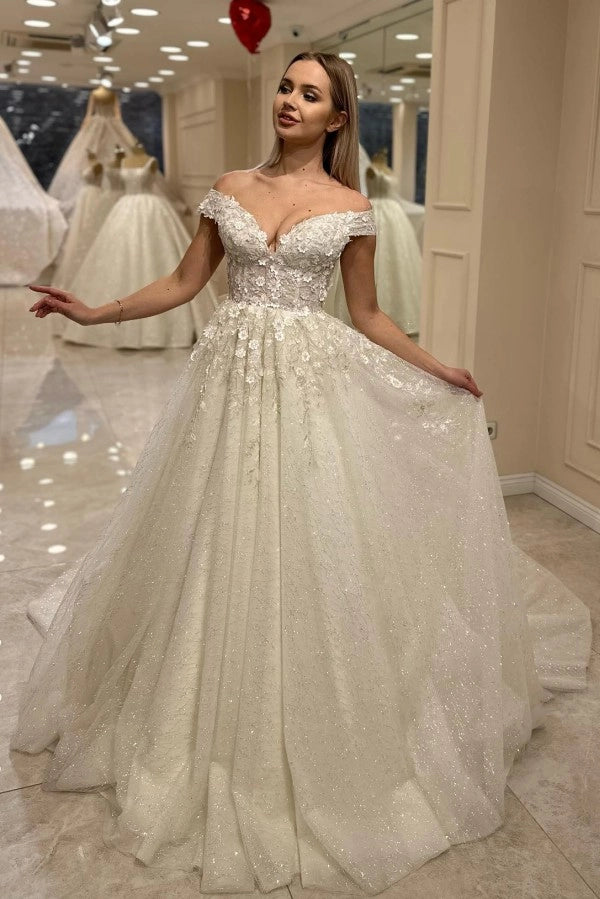 Elegant Off Shoulder Tulle Aline Wedding Dress Sequined Bridal Gown