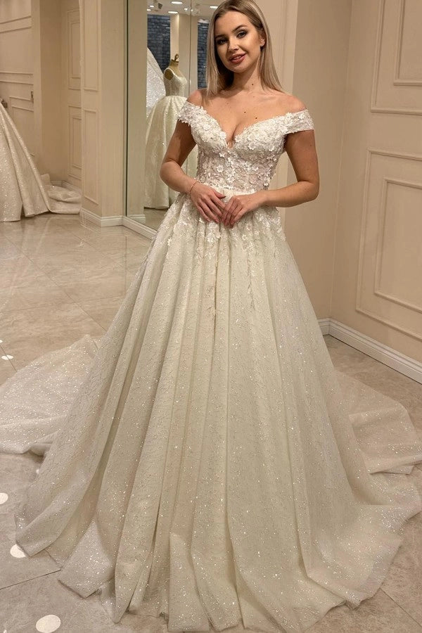 Elegant Off Shoulder Tulle Aline Wedding Dress Sequined Bridal Gown