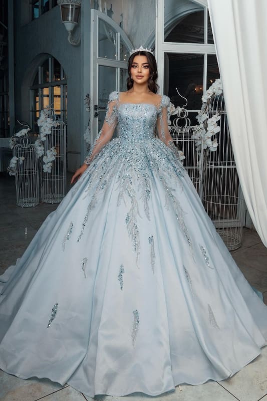 Gorgeous Satin A-Line Wedding Dresses Long Sleeves Square Neck Tulle Appliques Bridal Dress - Wedding Dresses